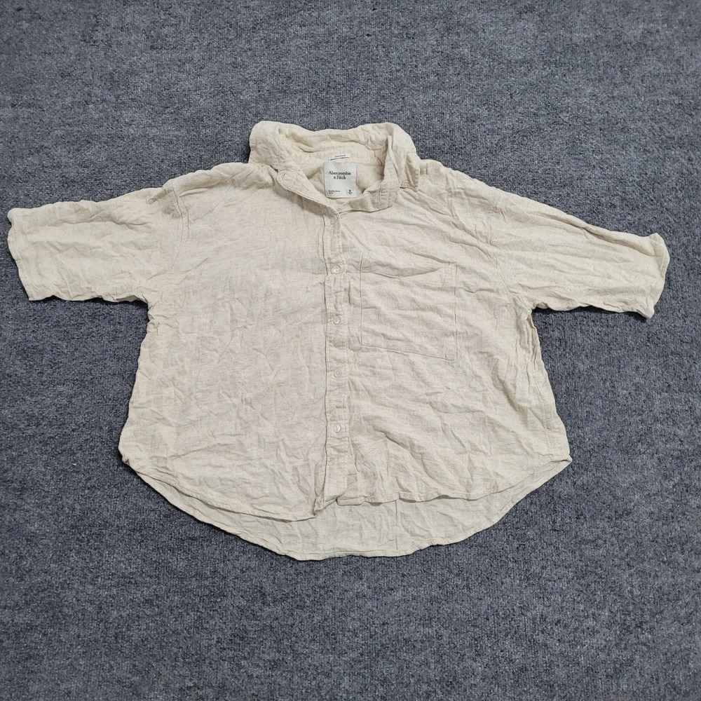 Abercrombie & Fitch Shirt Womens Size M Beige Linen Blend Oversized Short Sleeve